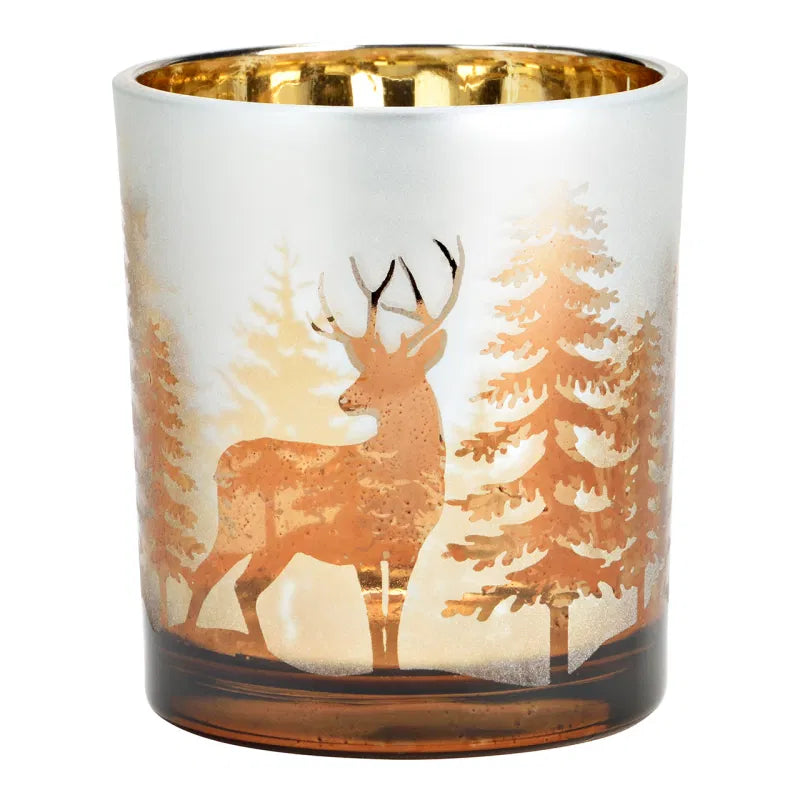 Windlicht Hirsch Winterwald Motiv aus Glas B7 × H8 × T7 cm