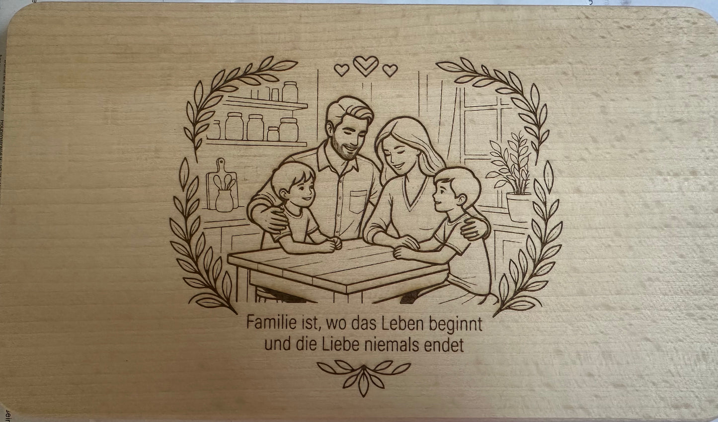 Vesper Brettchen Buche massiv "Familie ist, wo das Leben beginnt und die Liebe niemals endet". 260x150mm