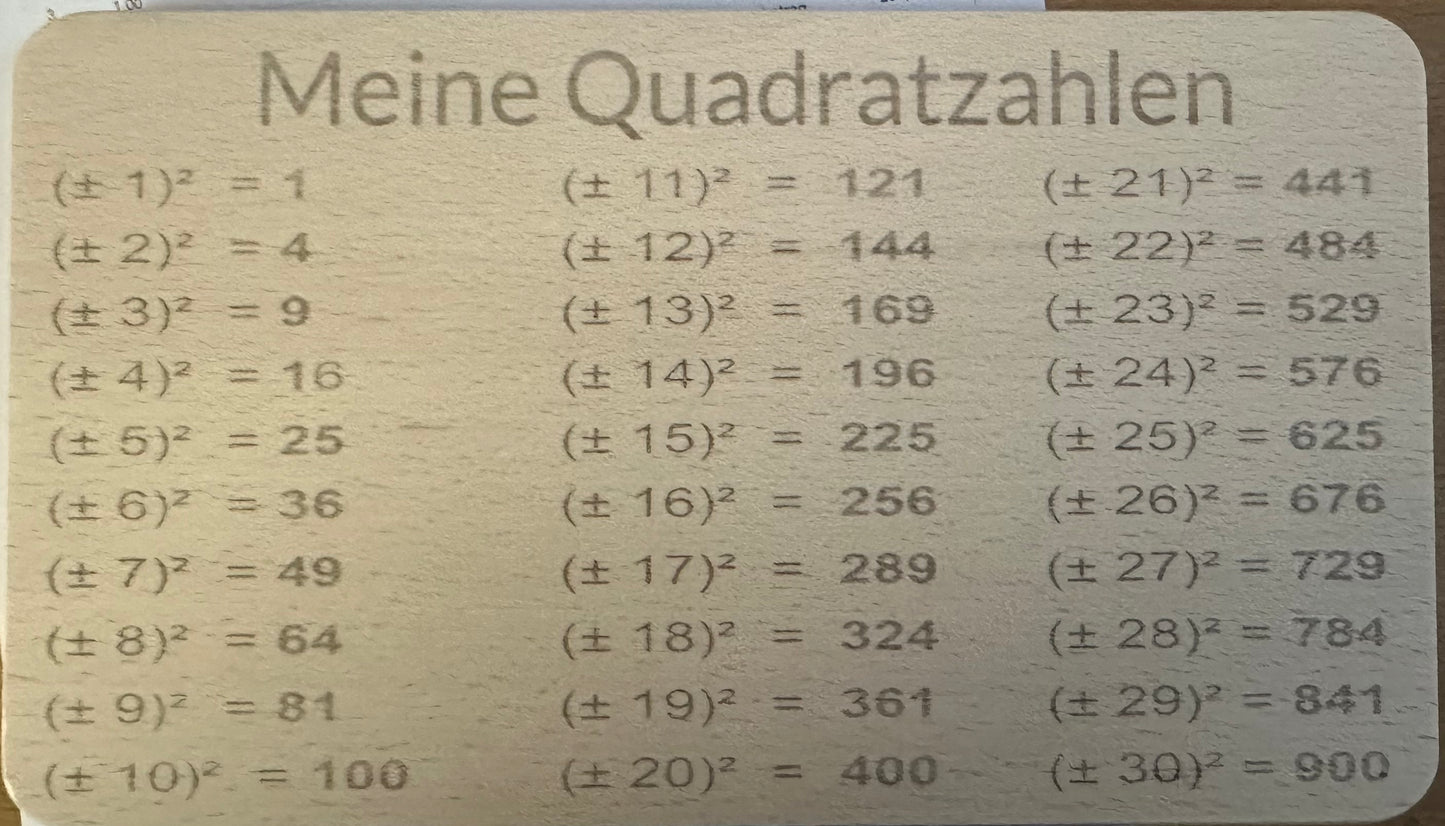 Vesper Brettchen Quadratzahlen bis 900