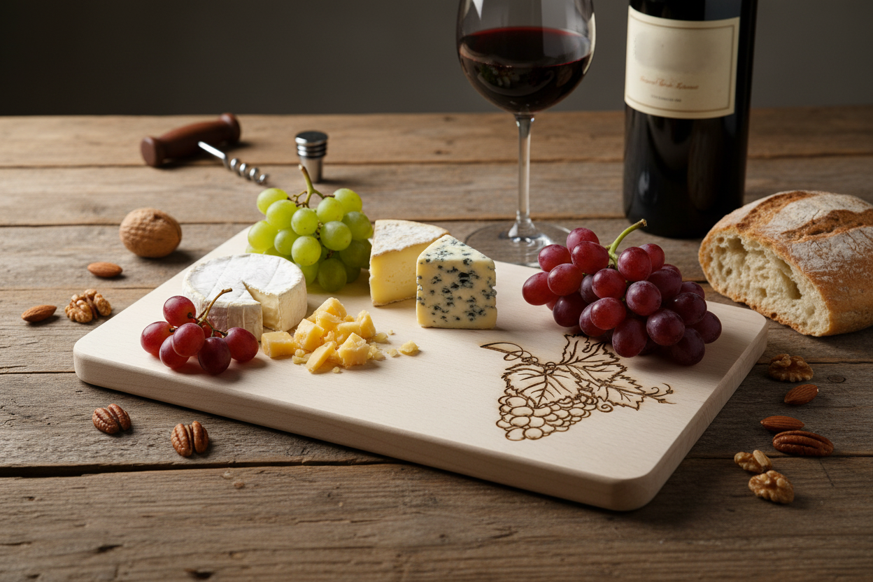 Dekoratives Vesper Brett mit Wein und Trauben Lifestyle