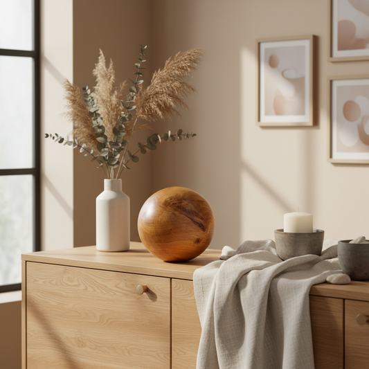 Handgefertigte Holzkugel aus Eiche in Deko-Szene