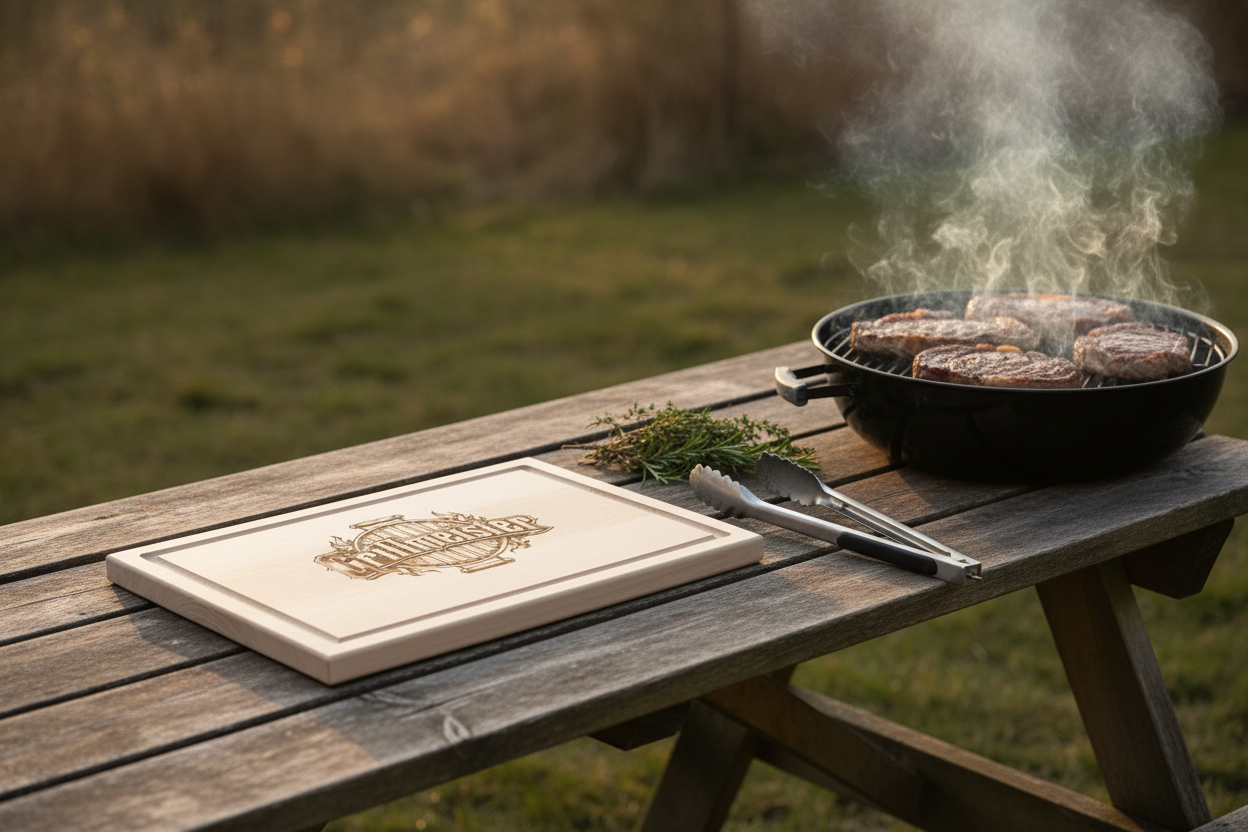 Schneidebrett Buche 350x250mm mit Saftrille und Gravur Grillmeister – dekoriert mit gegrillten Steaks und BBQ-Zubehör