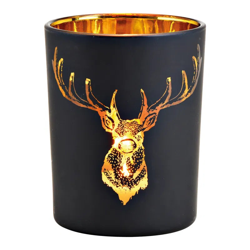 Windlicht Hirschmotiv aus Glas, Schwarz-Gold, Ø 10x12 cm