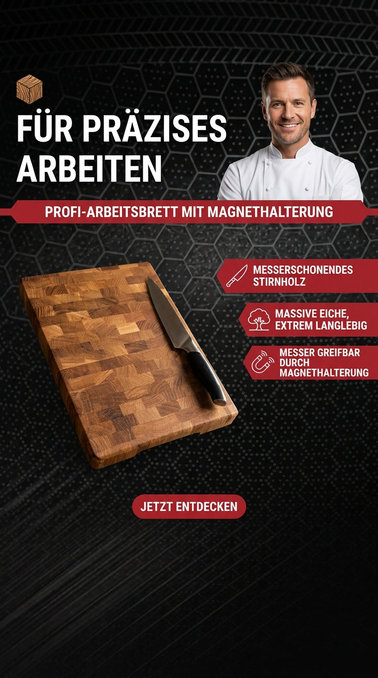 Stirnholz Arbeitsbrett Eiche massiv geölt incl. Magnethalterung für Messer