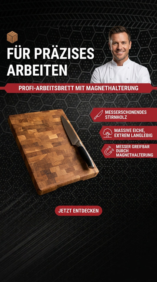 Stirnholz Arbeitsbrett Eiche massiv geölt incl. Magnethalterung für Messer