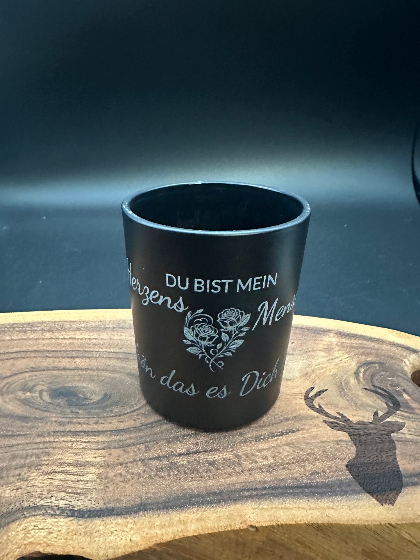 Glas Windlicht CONNOO 200 ml Matt Schwarz "Du bist mein Herzensmensch"