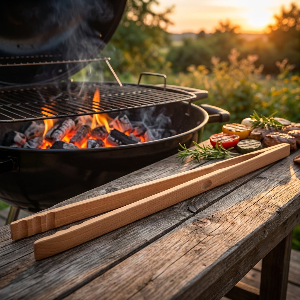 Hochwertige Grillzange / Würstchenzange aus Buchen Holz - 39 cm