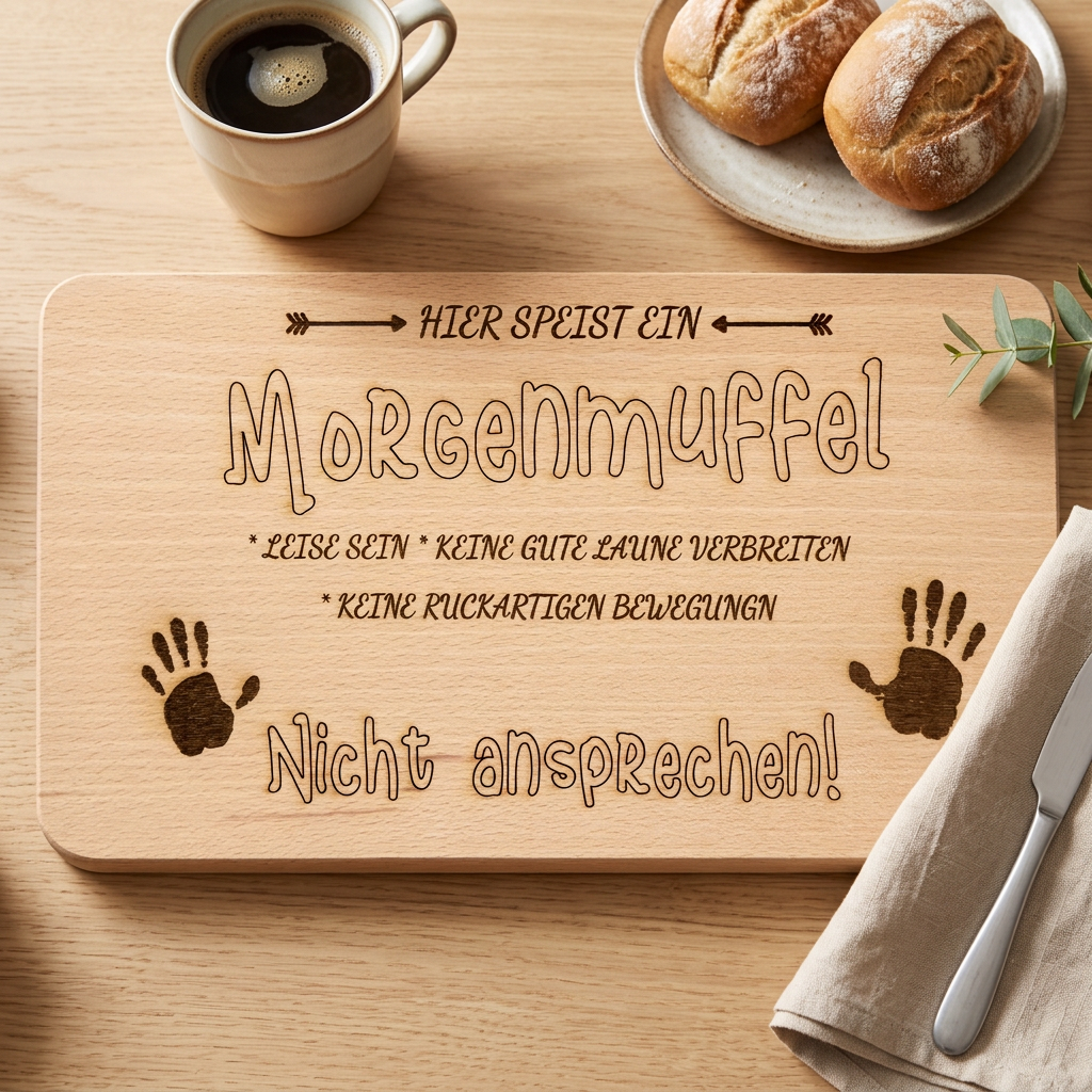 Brettchen in einer gemütlichen Frühstücksszene mit Kaffee, Brötchen und Leinenserviette