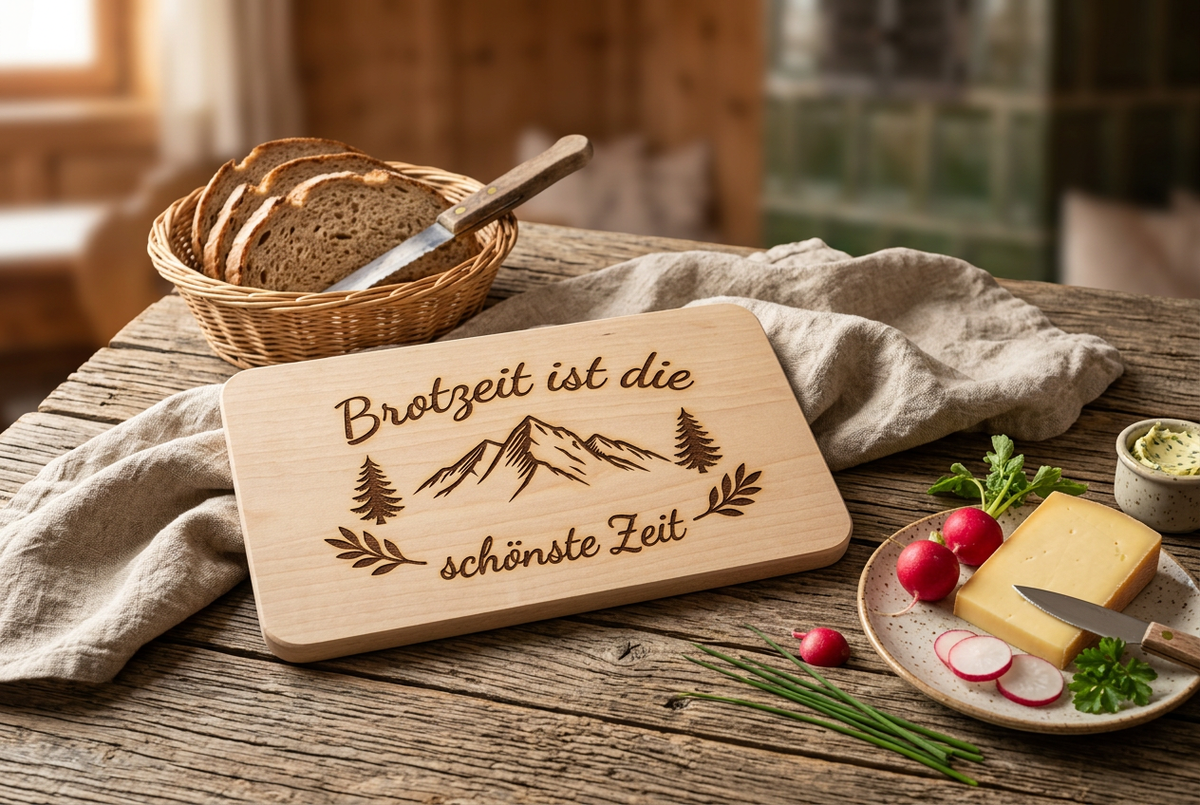 Brotzeit-Brettchen mit Bergen rustikal dekoriert