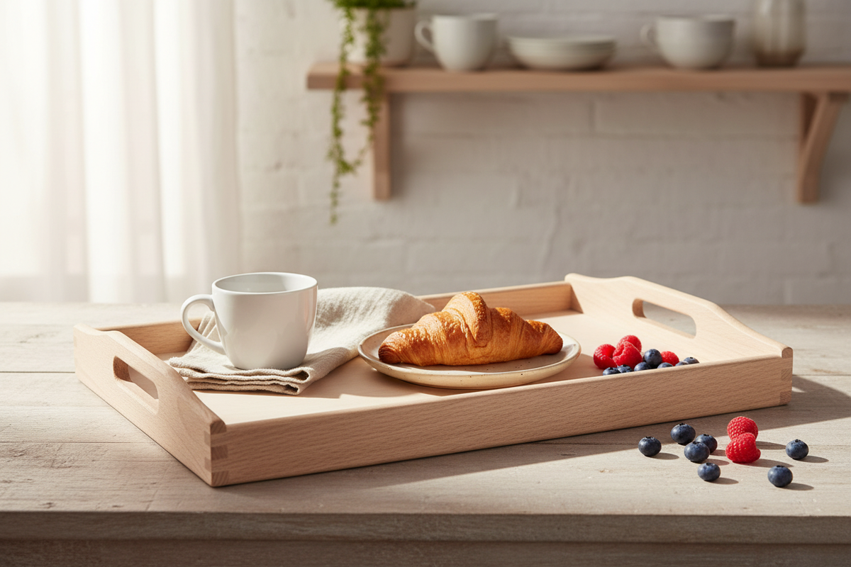 Frühstücksszene mit Holztablett