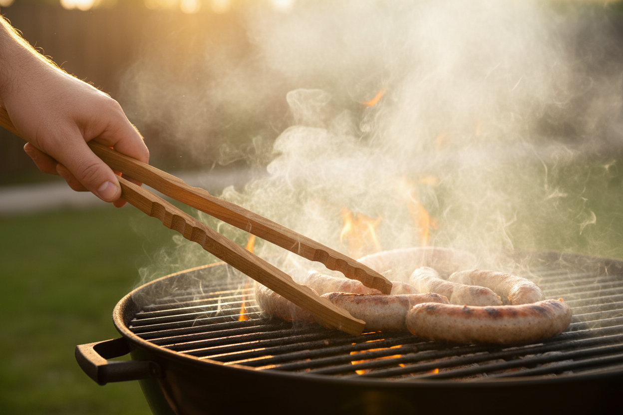 Grillzange aus Eiche in Aktion - basierend auf Produktbild
