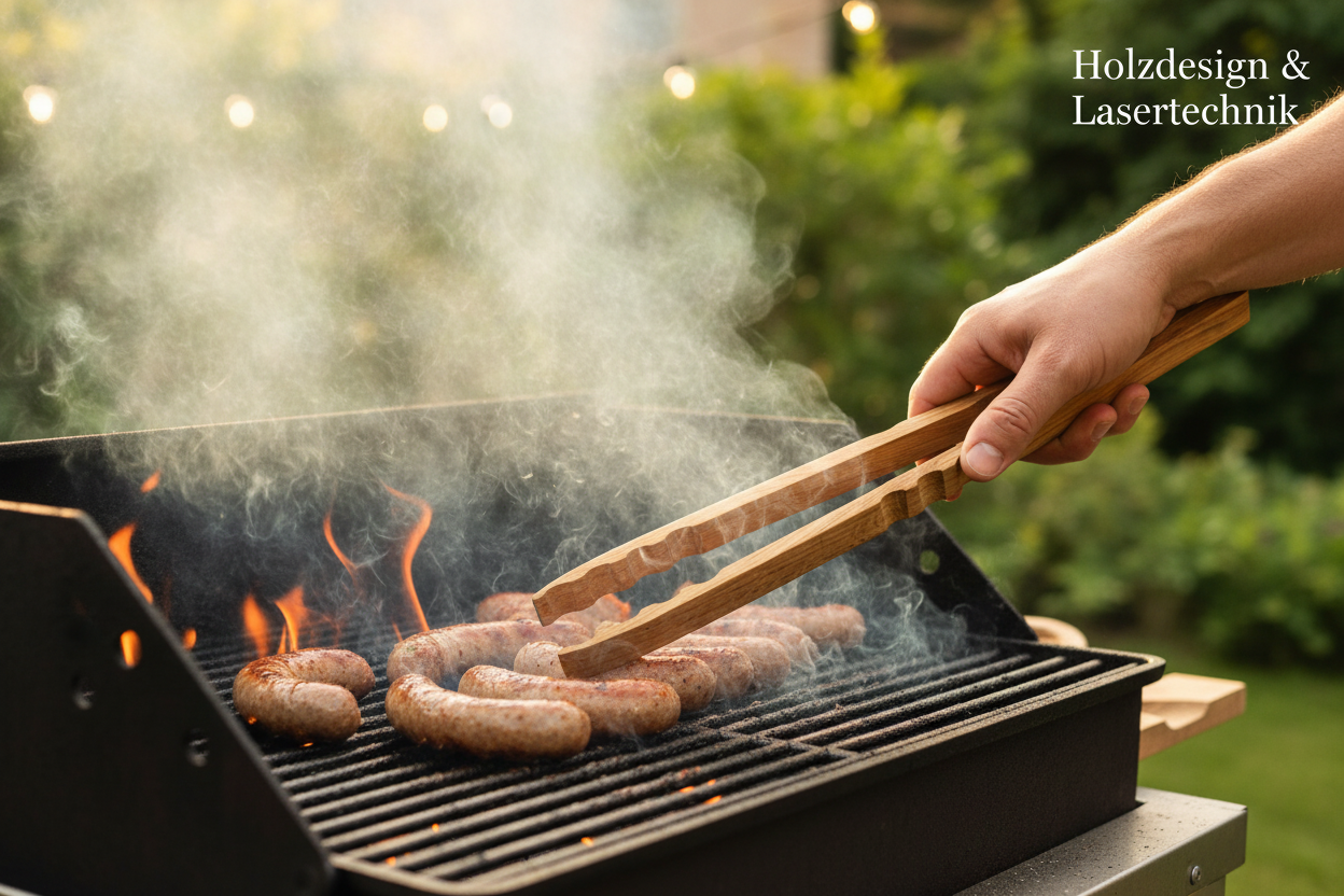 Grillzange in Aktion mit Holzdesign & Lasertechnik Branding
