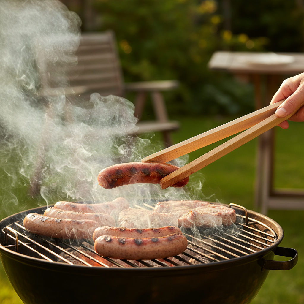 Grillzange mit Würstchen am Grill