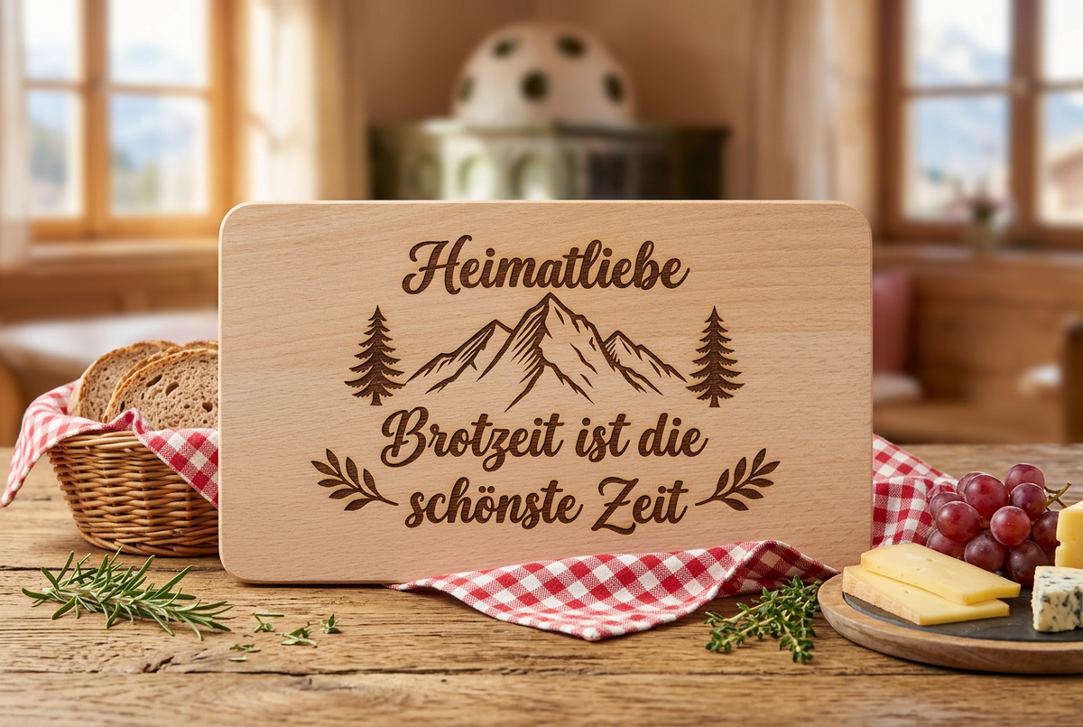 Heimatliebe-Brettchen in alpiner Brotzeit-Szene