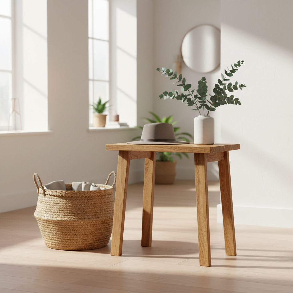 Holzhocker im Eingangsbereich dekoriert