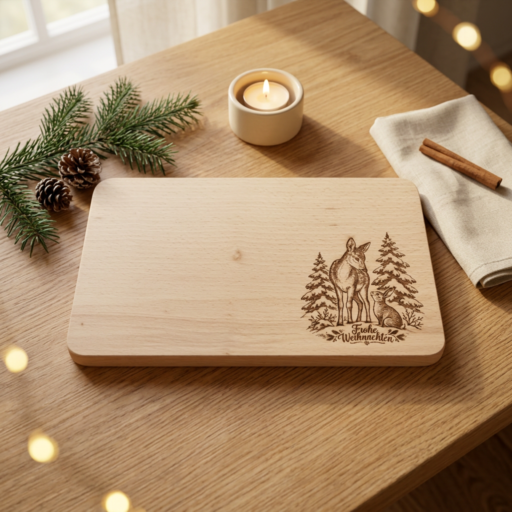 Frühstücksbrettchen aus Buche mit Weihnachtsgravur und Waldmotiv in weihnachtlich dekorierter Umgebung