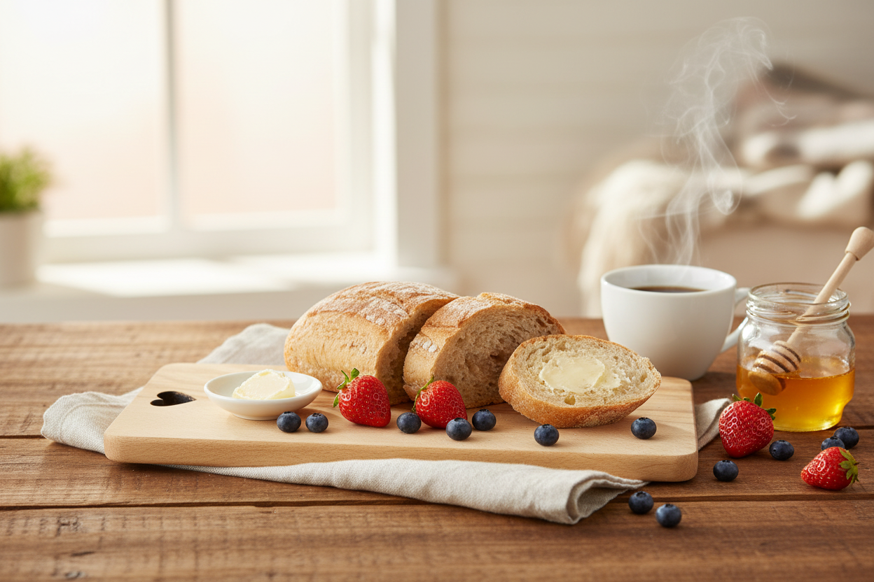 Frühstücksbrettchen aus Kernbuche geölt mit Herz-Ausschnitt in einer Frühstücksszene