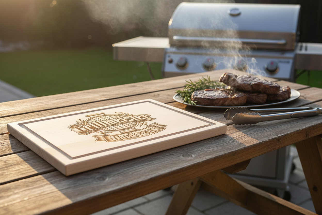 Schneidebrett Buche 350x250mm mit Saftrille und Gravur Grillmeister mit Wunschname – BBQ Lifestyle Grillszene