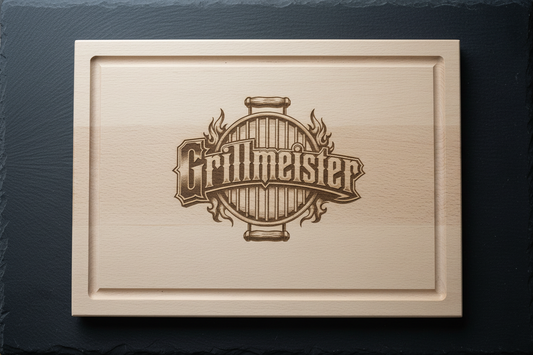 KI-Produktbild: Großes Schneidebrett Buche 350x250mm mit Saftrille und Lasergravur Grillmeister auf Schieferhintergrund
