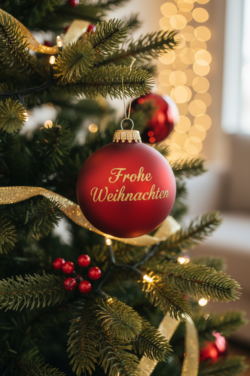 Rote matte Christbaumkugel mit goldener Gravur Frohe Weihnachten, dekoriert an einem festlich geschmückten Weihnachtsbaum
