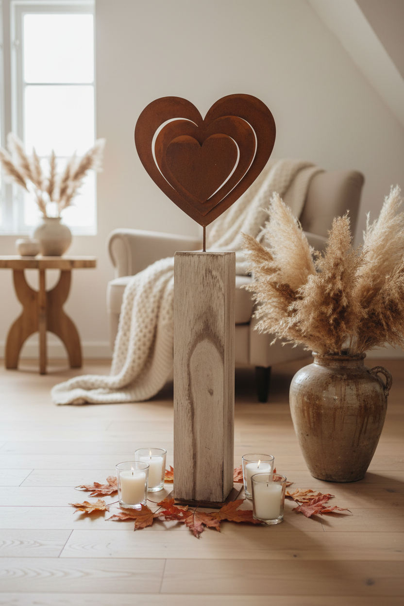 Holzsäule Rostherz dekoriert im Wohnzimmer