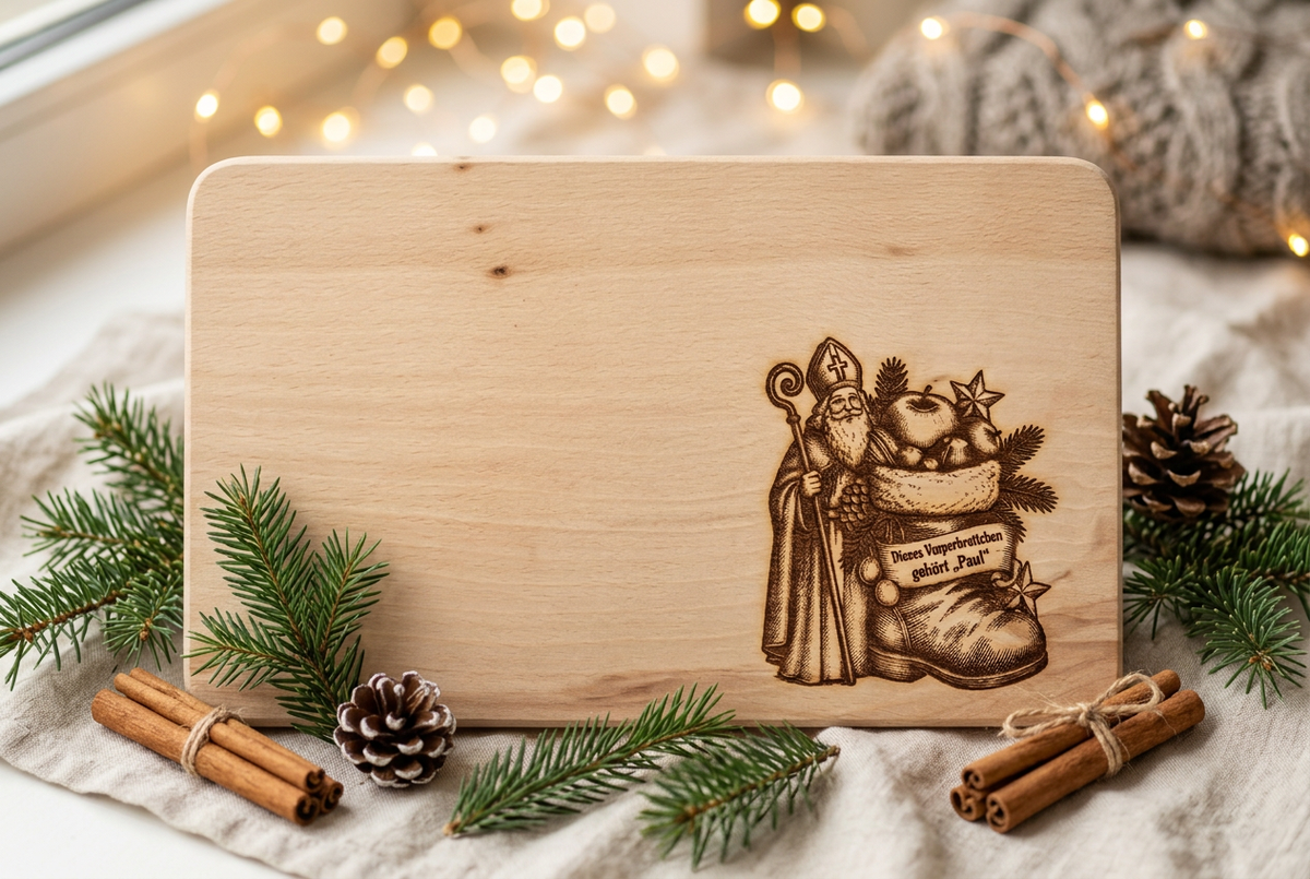 Weihnachtlich dekoriertes Nikolaus-Brettchen mit Wunschname