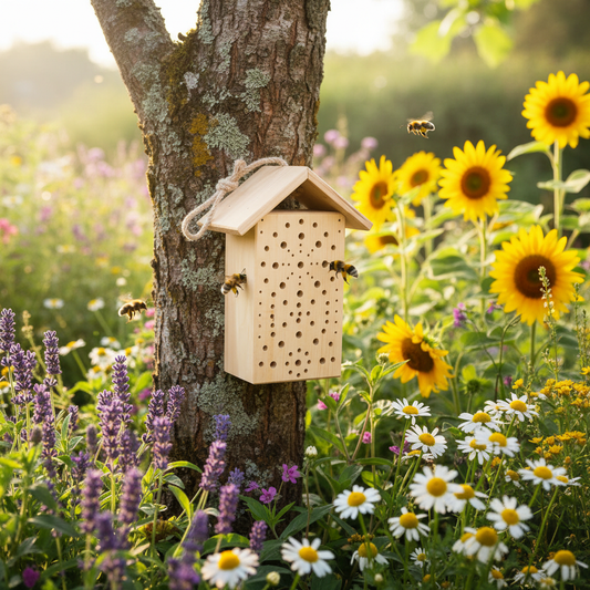 Insektenhotel in Gartenszene