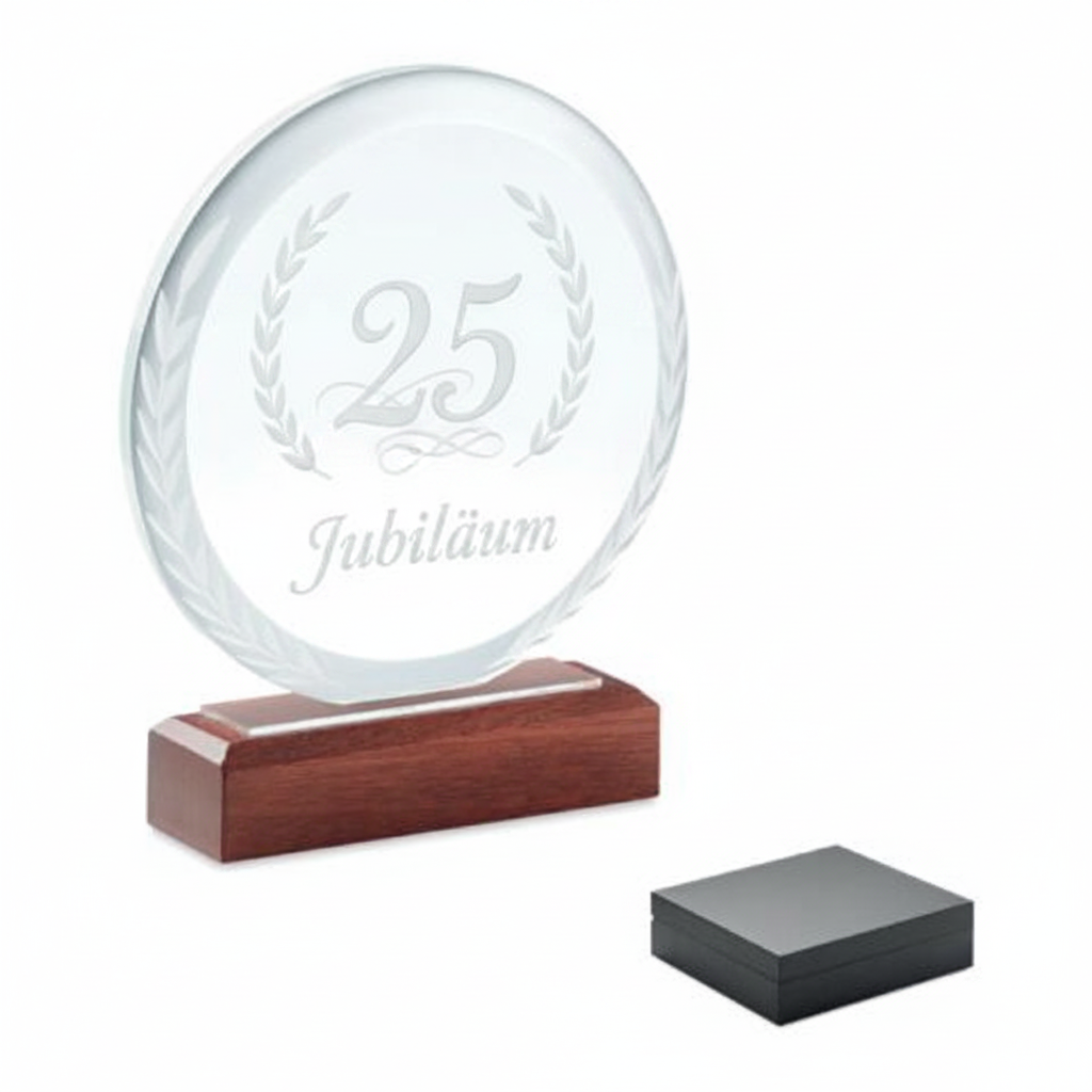 Kristallpokal Firmenjubiläum Lasergravur