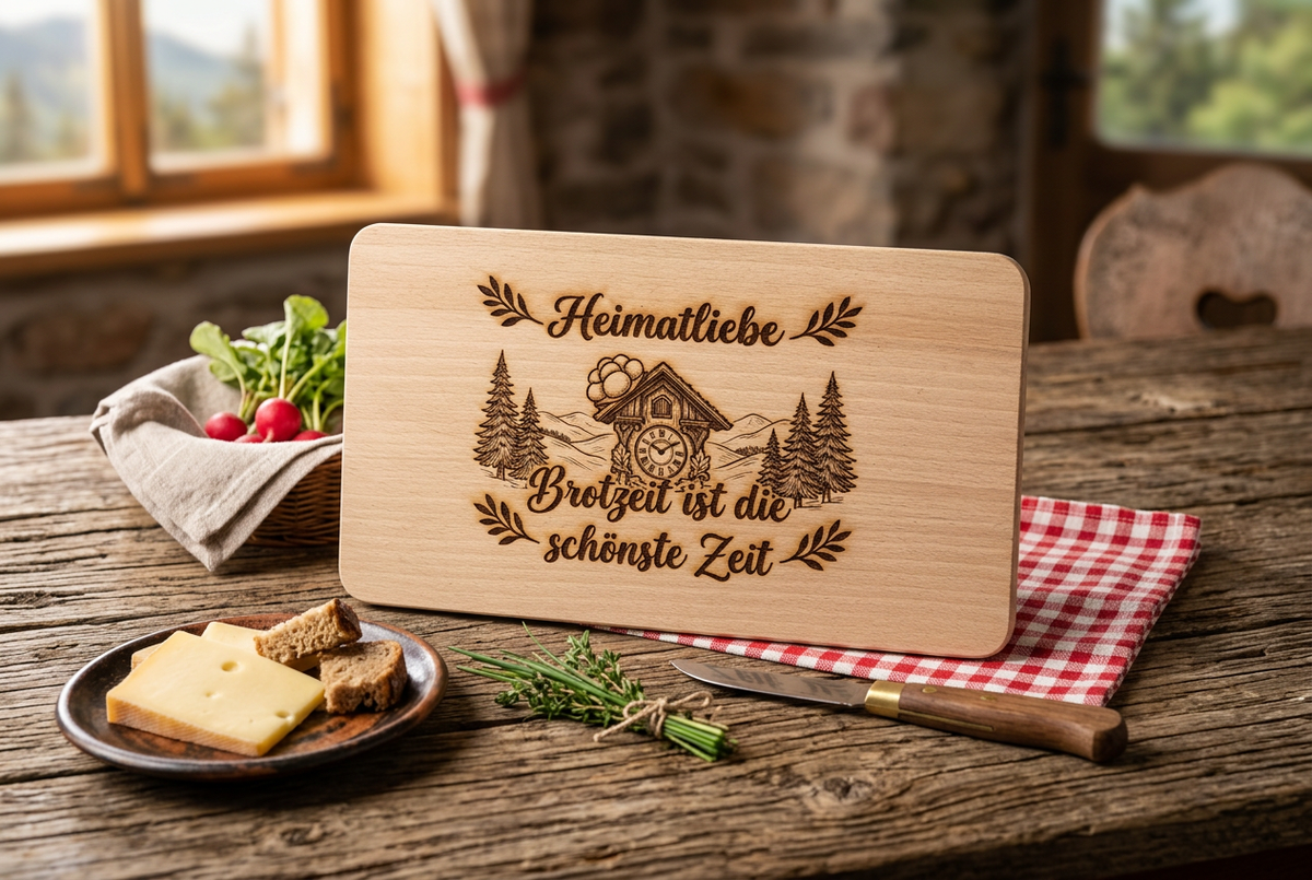 Kuckucksuhr-Brettchen in gemütlicher Brotzeit-Szene
