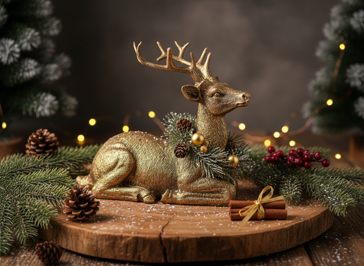 Liegender Hirsch mit Weihnachtsdeko