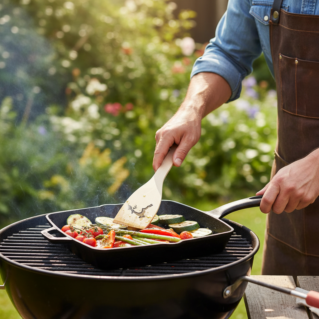 Mann grillt mit Pfannenwender