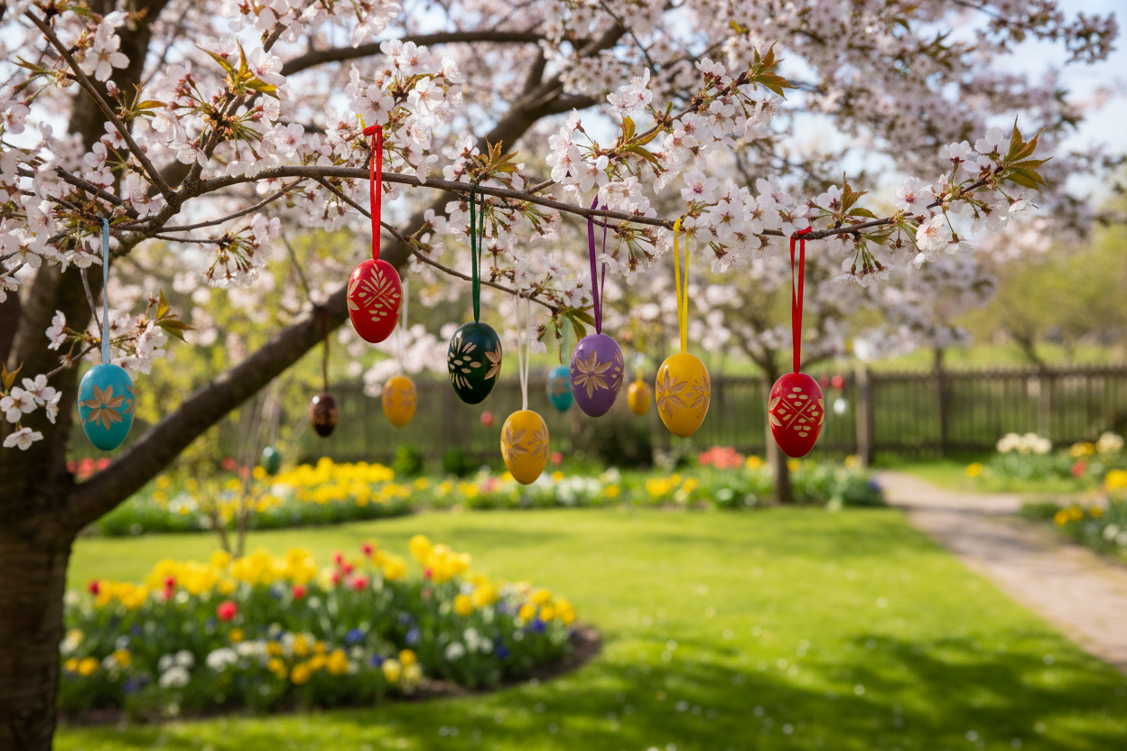 Osterei-Set im Garten am Baum