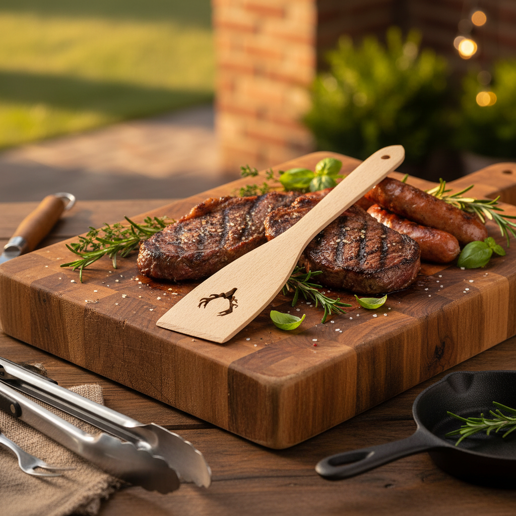 Pfannenwender aus Buchenholz mit Geweih-Motiv - Grill-Szene 2
