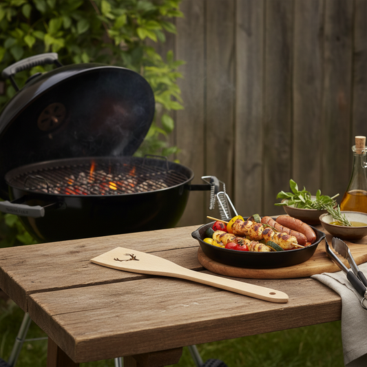 Pfannenwender aus Buchenholz mit Geweih-Motiv in Grill-Szene