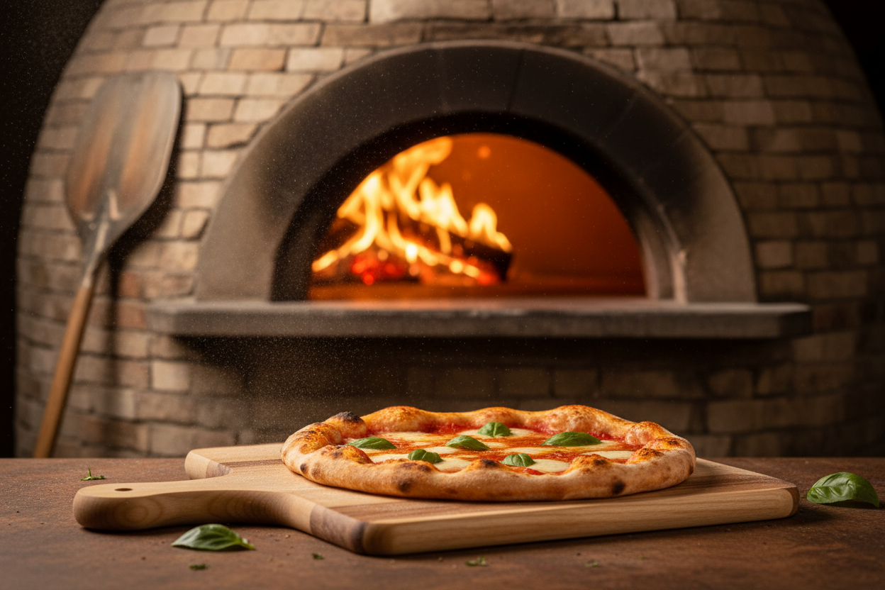 Pizzabrett vor Holzbackofen