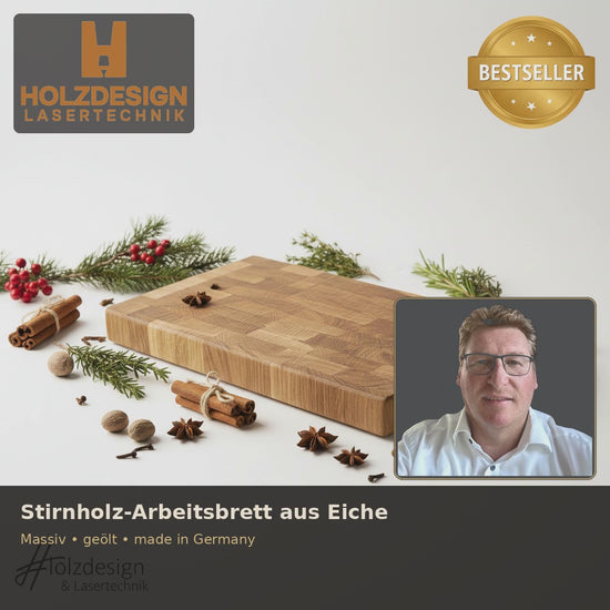 Video: Stirnholz-Schneidebrett Eiche massiv geölt in der Anwendung"