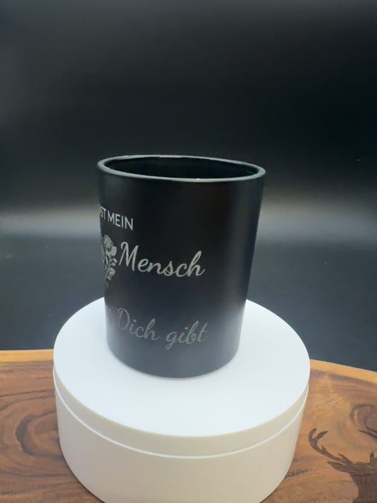 Glas Windlicht CONNOO 200 ml Matt Schwarz "Du bist mein Herzensmensch"