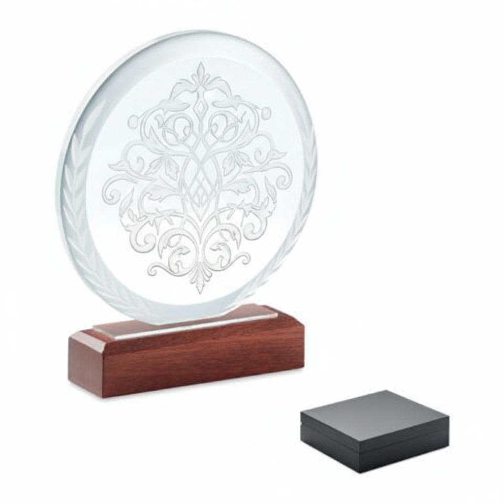 Runder Kristallpokal mit Lasergravur-Motiv