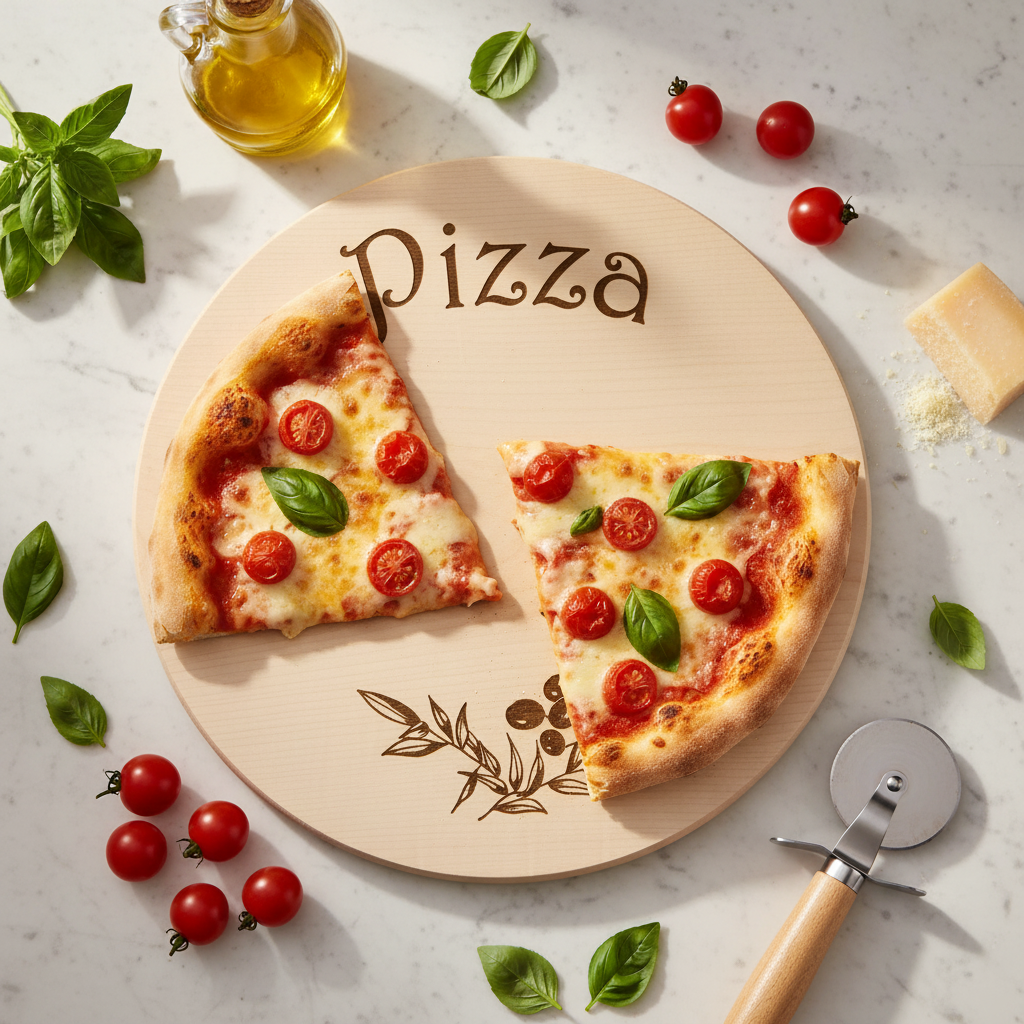 Rundes Schneidebrett mit Pizzastück