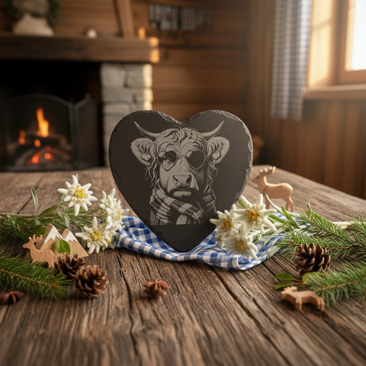 Schieferherz 20x20cm mit Muni-Motiv - dekoriert