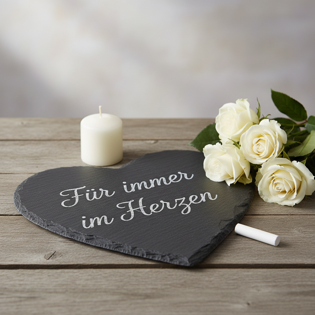 Schieferherz mit Trauerspruch "Für immer im Herzen"