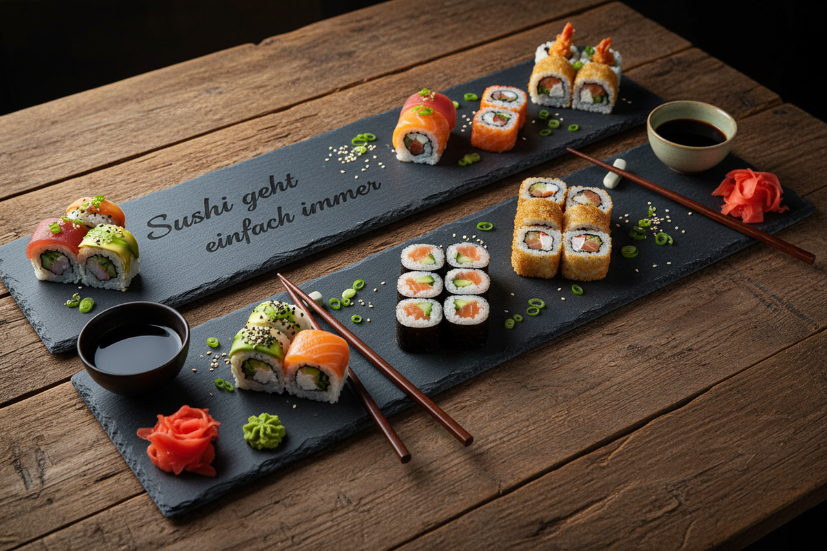 Schieferplatte mit Lasergravur Sushi geht einfach immer