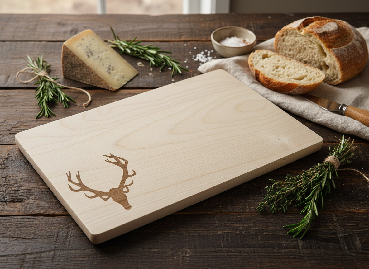 Schneidebrett FSC® Ahornholz 26 x 15 x 1,5 cm mit Geweih-Motiv Hirsch