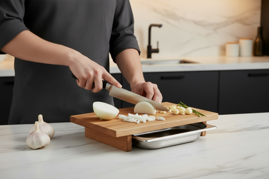 Schneidebrett Eiche – Zwiebeln und Knoblauch schneiden