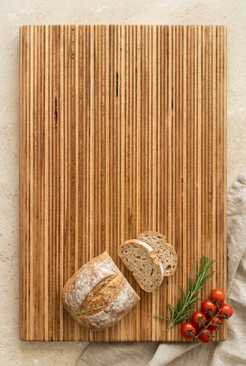Schneidebrett mit Brot, Kräutern und Leinentuch dekoriert