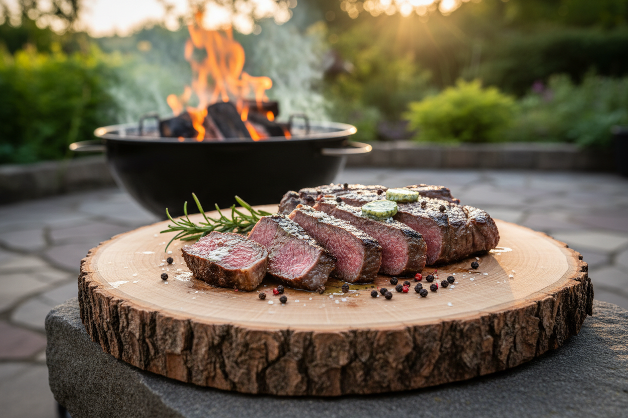 Steak auf Baumscheibe mit Grill
