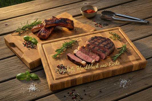 Stirnholz Hackblock – Grillsaison mit goldener Schrift