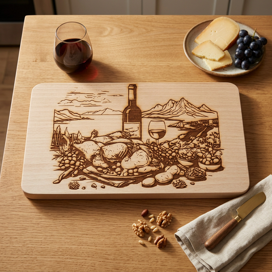 Wein-Brettchen in einer dekorierten Szene mit Rotwein, Käse und Trauben