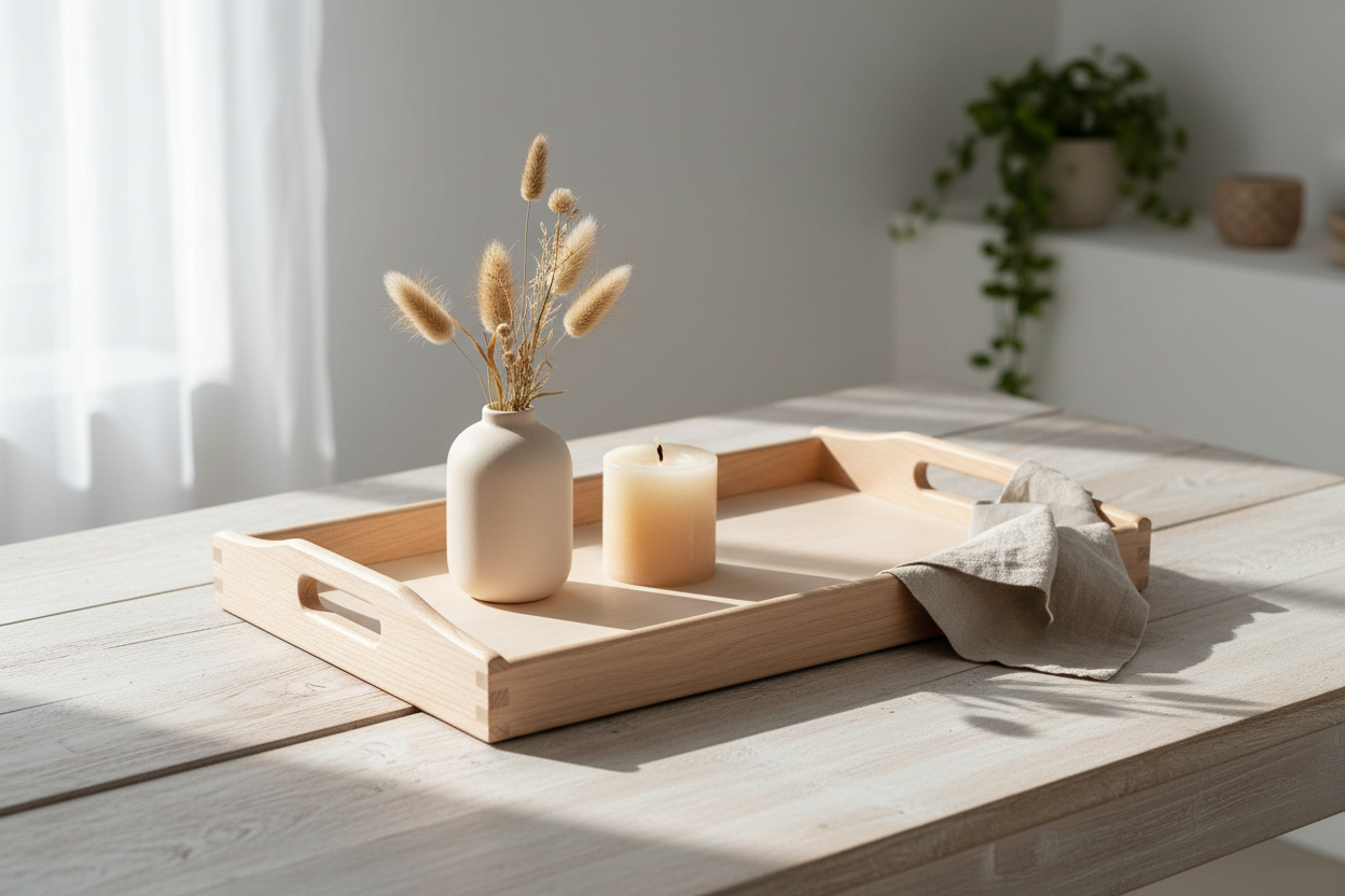 Wohndeko mit Holztablett
