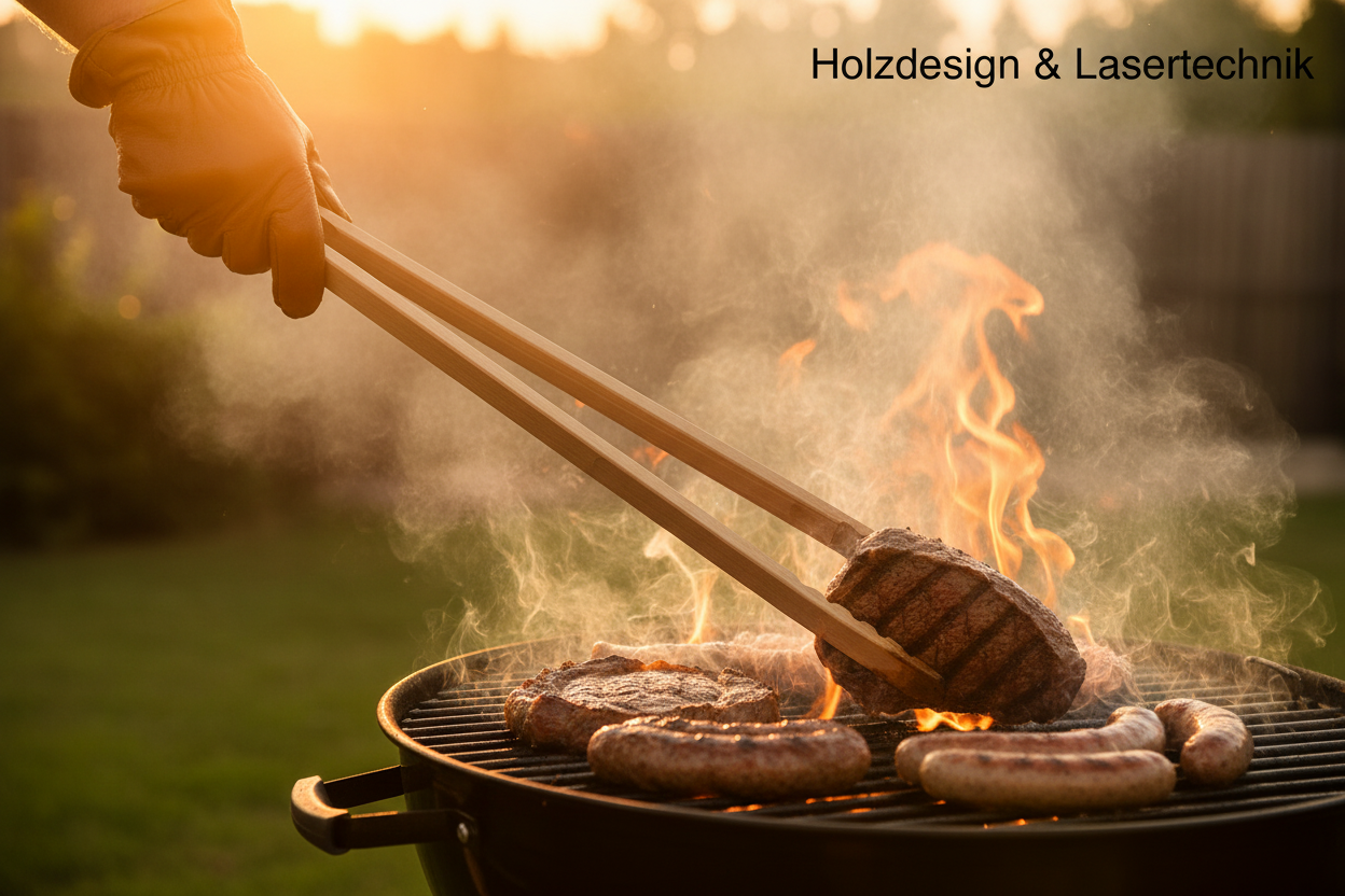 XXL Grillzange 60cm in Aktion mit Holzdesign & Lasertechnik
